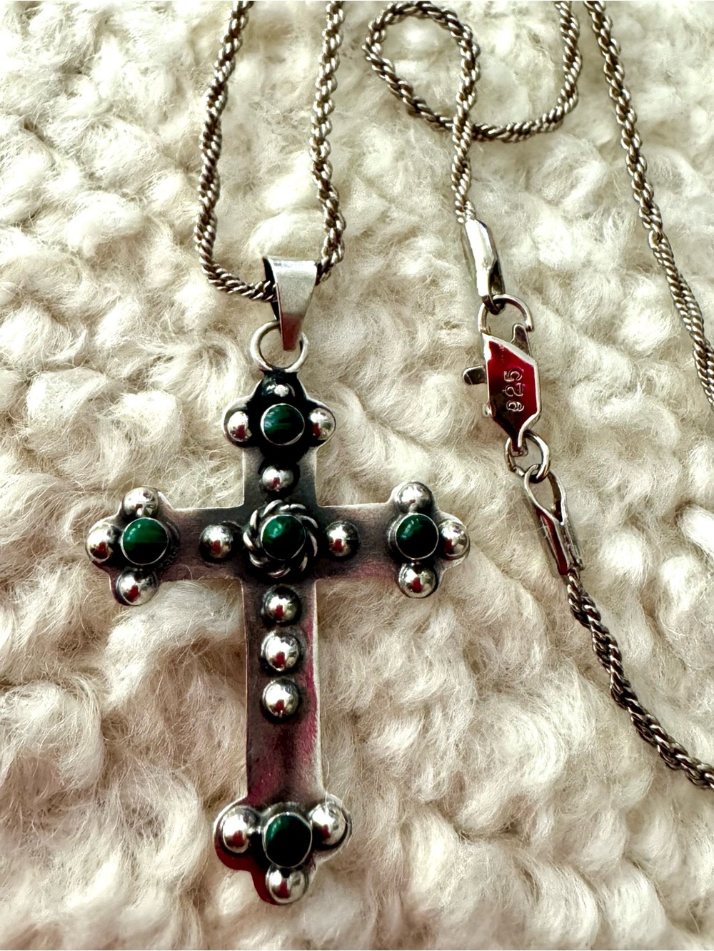 Vintage 925 Cross and Necklace with Malachite Stones